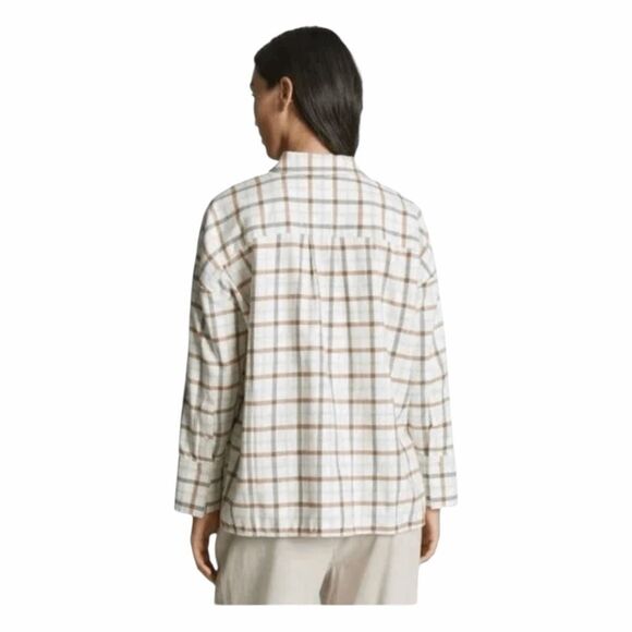Everlane the Boxy Flannel Button Down Shirt Cream Brown Plaid M - Picture 2 of 8